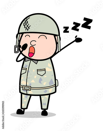 Yawning - Cute Army Man Cartoon Soldier Vector Illustration