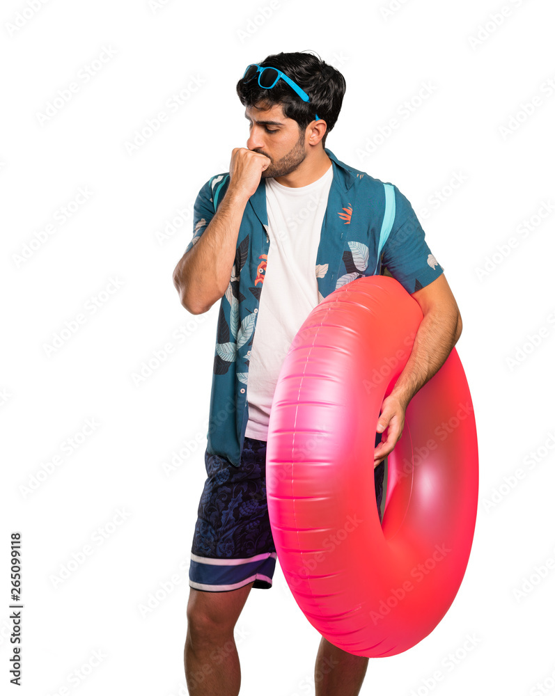 Man in trunks having doubts over isolated white background Man in trunks having doubts over isolated white background