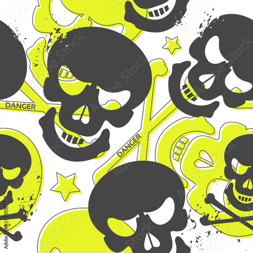 cool and creative grunge seamless pattern with skulls and stars, the flat shapes contain trendy neon green and gray colors, ideal for print, textile, web, and other designs, eps10 vector illustration