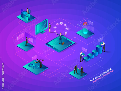 Isometric social network.concept futuristic business interacting with charts and analysing statistics. Data visualisation concept. 3d vector illustration.