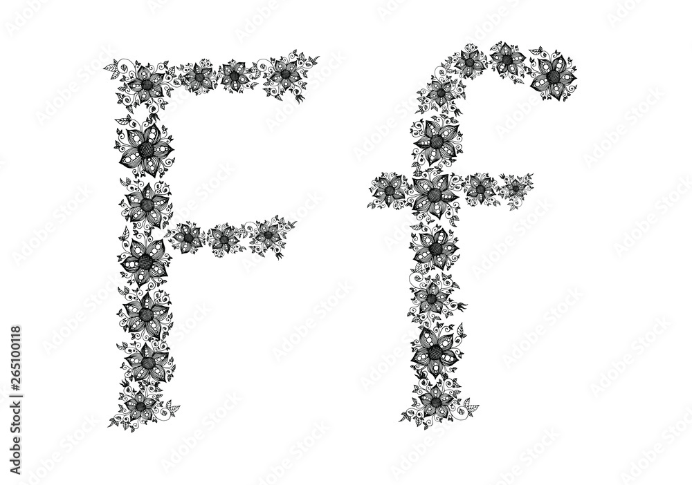 Hand drawn flowers form a Letter F. Black vector illustration on white background Hand drawn flowers form a Letter F. Black vector illustration on white background