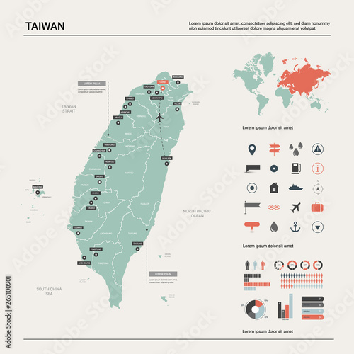 Vector map of Taiwan. High detailed country map with division, cities and capital Taipei. Political map,  world map, infographic elements.