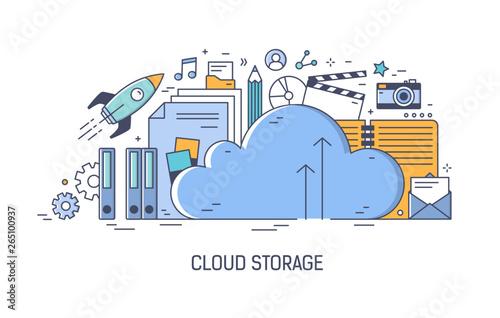 Banner template for advertising of cloud computing technology, application for information storage, transfer digital data, files download and upload