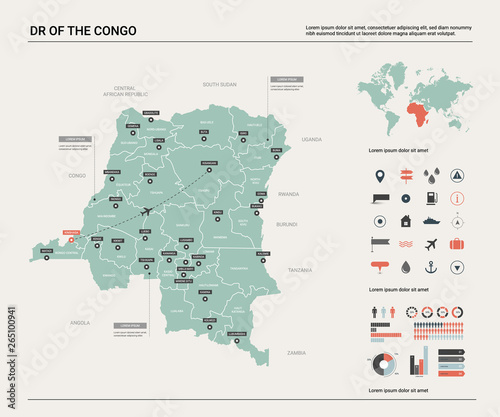 Vector map of DR of the Congo. High detailed country map with division, cities and capital Kinshasa. Political map, world map, infographic elements.