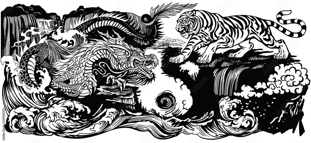 Fototapeta Chiński smok wschodnioazjatycki kontra tygrys w krajobrazie. Ilustracja wektorowa stylu graficznego zawiera symbol Yin Yang