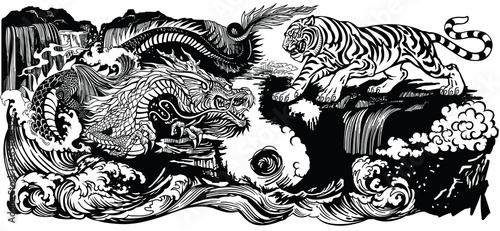 Chinese East Asian dragon versus tiger in the landscape. Graphic style vector illustration  included Yin Yang symbol 