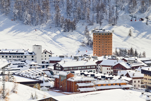 Sestriere, Piedmont, Italy - November 25, 2018: an alpine village in Italy, situated in Val Susa, 17 km from the French border, it is a popular skiing resort.