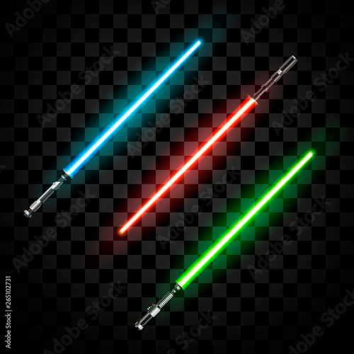 Set of futuristic light swords. Abstract fantasy saber. Vector illustration isolated on dark .background