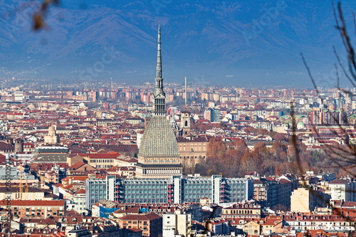 Panoramic aerial view on Turin city center, Piedmont, Italy, with Mole Antonelliana 