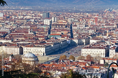 Panoramic view of the city center of Turin, Piedmont, Italy, from the Villa della Regina, with the main monuments, Castle Square, Royal Palace, Vittorio Veneto Square 