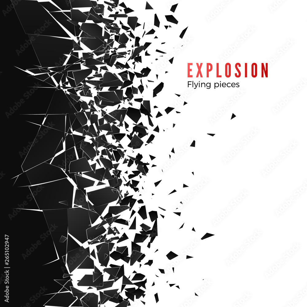 Abstract cloud of pieces and fragments after wall explosion. Shatter and destruction effect. Vector illustration