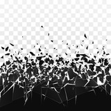 Abstract cloud of pieces and fragments after wall explosion. Shatter and destruction effect. Vector illustration on transparent background