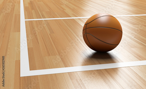 Basketball on the Corner of Wooden Court 3D rendering