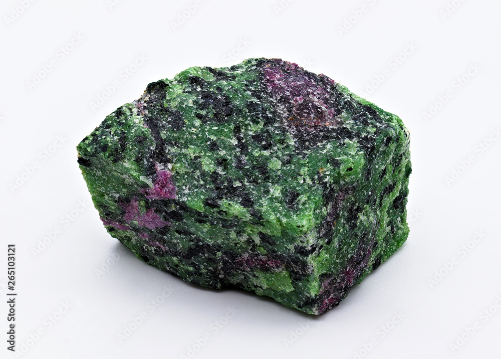 Ruby corindone in green Fuchsite Monolith Specimen mineral stone on white limbo background Ruby corindone in green Fuchsite Monolith Specimen mineral stone on white limbo background