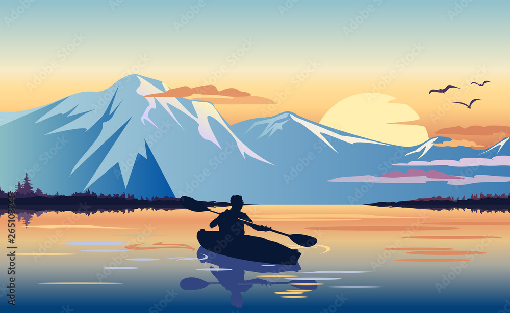 Kayaking in the mountain lake at sunset - obrazy, fototapety, plakaty 