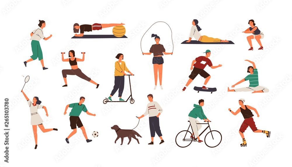 Set of funny people performing sports activities, fitness workout or playing games. Bundle of training or exercising men and women isolated on white background. Flat cartoon vector illustration. - obrazy, fototapety, plakaty 