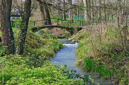 Bridge on little river in Pellerina park  Turin  Italy