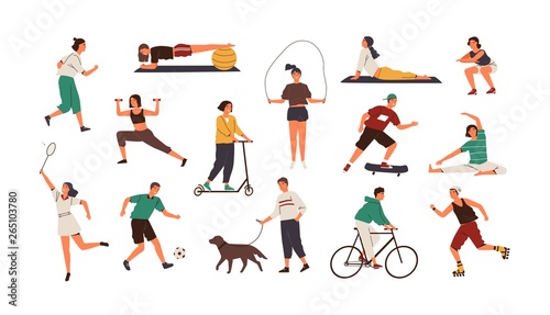 Set of funny people performing sports activities, fitness workout or playing games. Bundle of training or exercising men and women isolated on white background. Flat cartoon vector illustration. photo