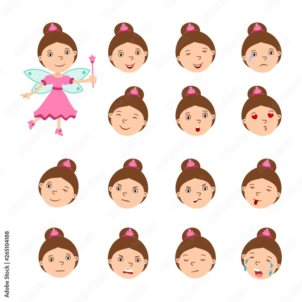 Set of beautiful fairy facial expressions in cartoon style with different emotions isolated on white background.