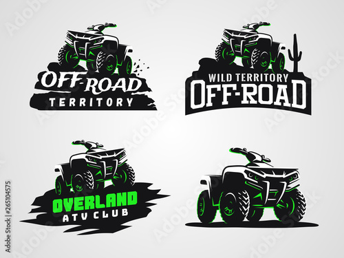 Set of ATV vehicle logo and emblems. All-terrain 4x4 quad illustration.