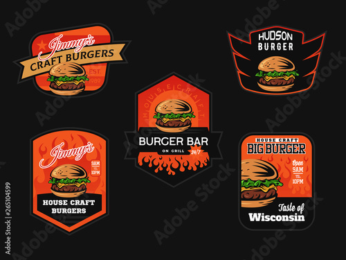 Set of burger shop logo, emblems and badges. Fast food design.