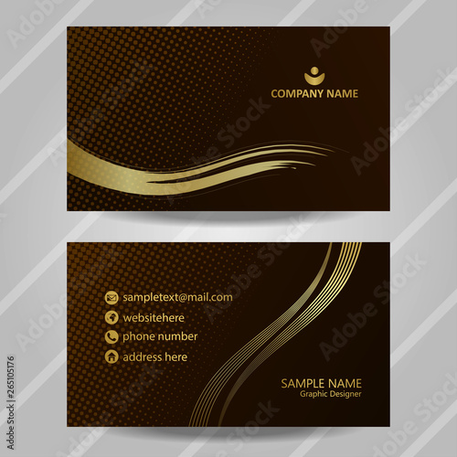 Luxury business card template with gold wavy line. elegance design concept on brown background. premium identity vector illustration