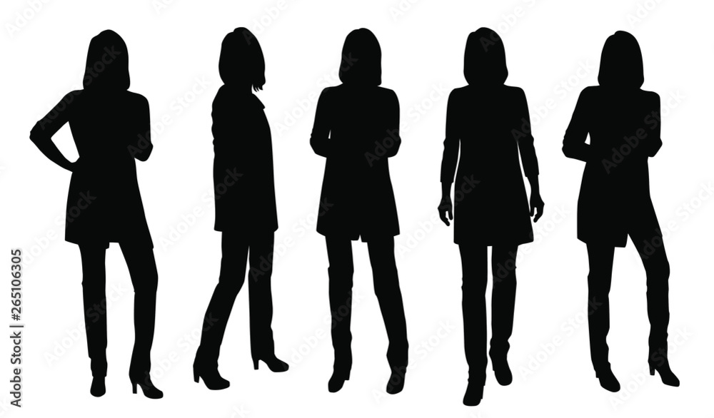 Vector silhouettes of woman standing, different poses, people, group women,  black color, isolated on white background