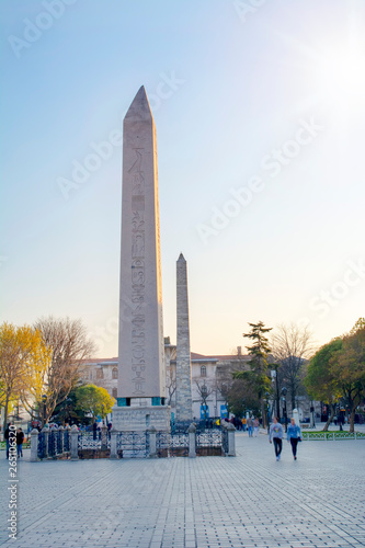 The Obelisk of Theodosius and minarets of the Blue Mosque, Istanbul, Turkey. Obelisk of Theodosius is the Ancient Egyptian obelisk of Pharaoh Thutmose III. Obelisk of Theodosius on a sunny summer day.