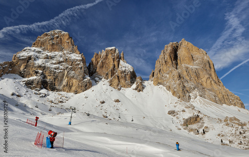 Sassolungo group in the Dolomites with CInquedita and Grohmann covered in Snow. View from Passo Sella just above Val Gardena photo