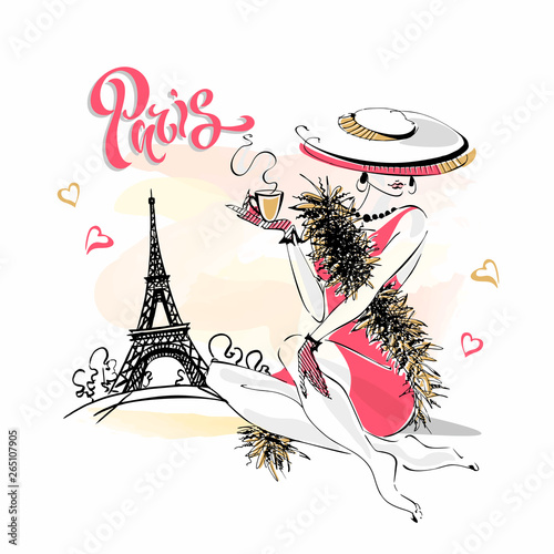 The girl in the hat drinks coffee.  Fashion model in Paris. Eiffel tower. Romantic composition. Elegant model on vacation. Vector.