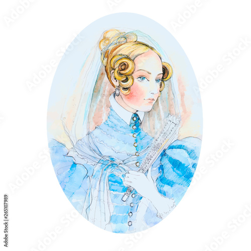 Vintage lady watercolor portrait. Vector illustration. Beautiful watercolor portrait of a girl from the past.