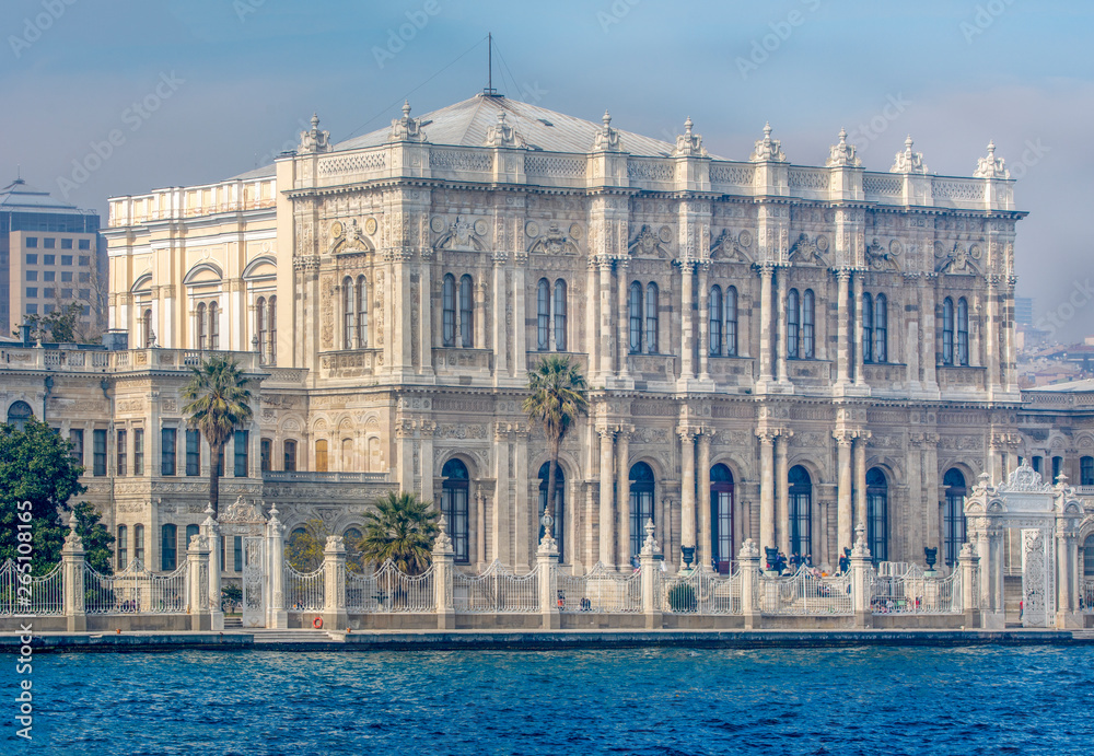 Ciragan Palace historic architecture, view from the Bosporus Strait in Istanbul, Turkey 