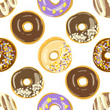 Glazed Donuts seamless pattern. Bakery Vector illustration. Top View doughnuts