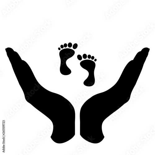 Vector silhouette of a hand in a defensive gesture protecting a baby. Symbol of insurance, boy, girl, child, foot,protection.