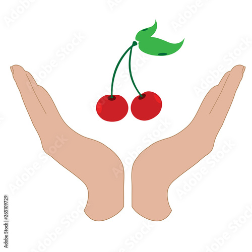 Vector silhouette of a hand in a defensive gesture protecting a cherries. Symbol of fruit,food,agriculture,protection,fresh,vegan, vegetarian, frutarian.