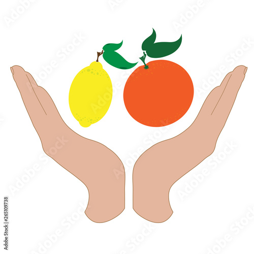Vector silhouette of a hand in a defensive gesture protecting a lemon and orange. Symbol of fruit, food, agriculture, protection, fresh, vegan, vegetarian, frutarian.