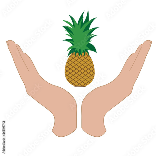 Vector silhouette of a hand in a defensive gesture protecting a pineapple. Symbol of fruit, food, agriculture, protection, fresh, vegan, vegetarian, frutarian.