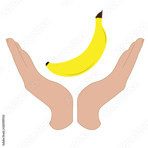 Vector silhouette of a hand in a defensive gesture protecting a banana. Symbol of fruit, food, agriculture, protection, fresh, vegan, vegetarian, frutarian.