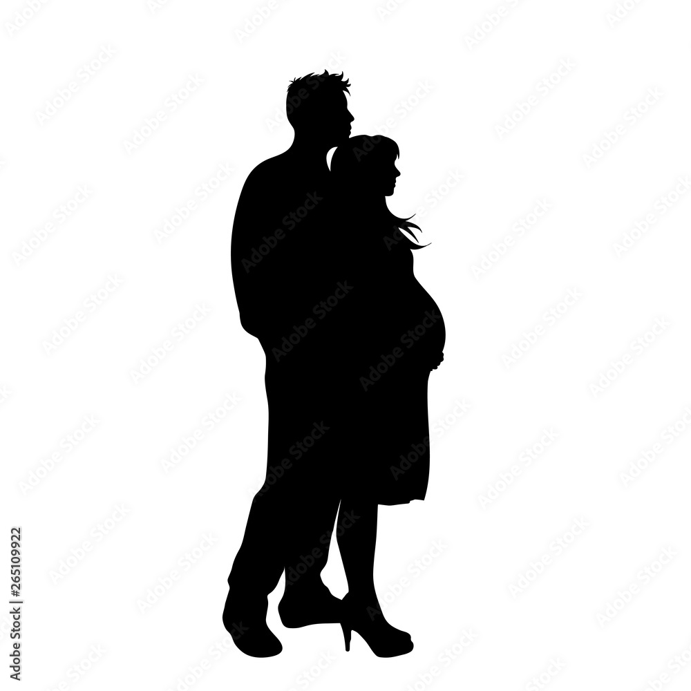 Vector silhouette of family on white background. Symbol of mother, father, pregnant.