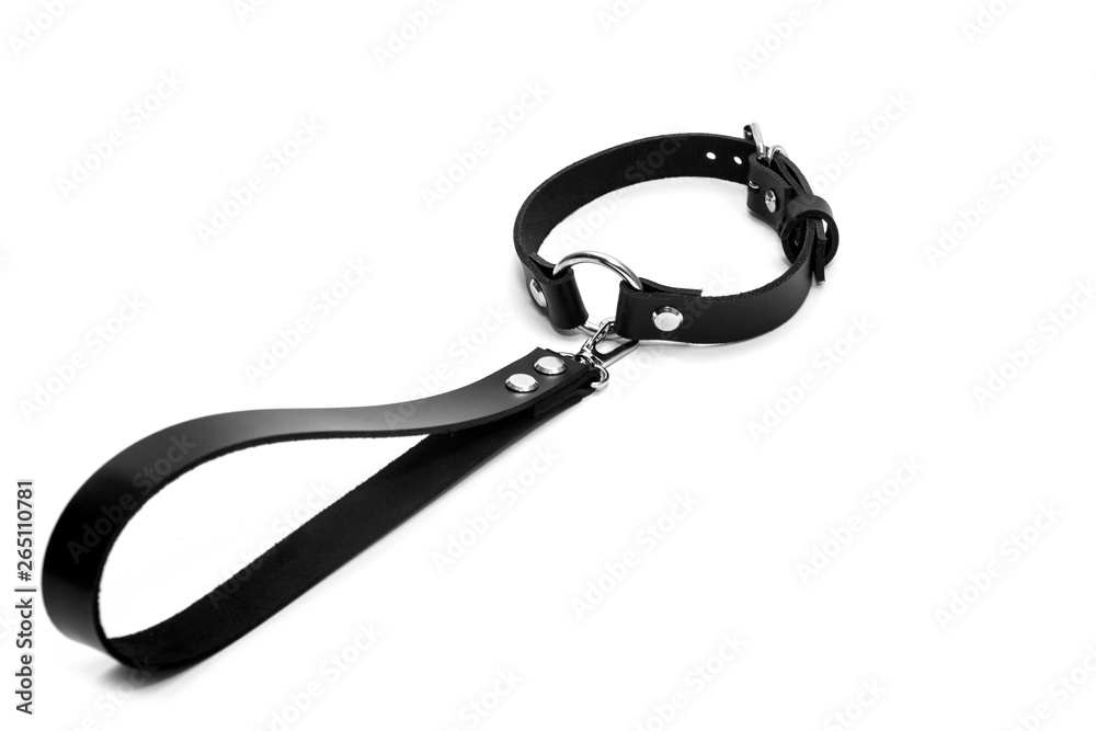 Leather collar with a handle leash. Close-up. Leather collar with a handle leash. Close-up.