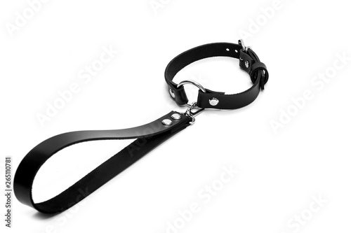Leather collar with a handle leash. Close-up.