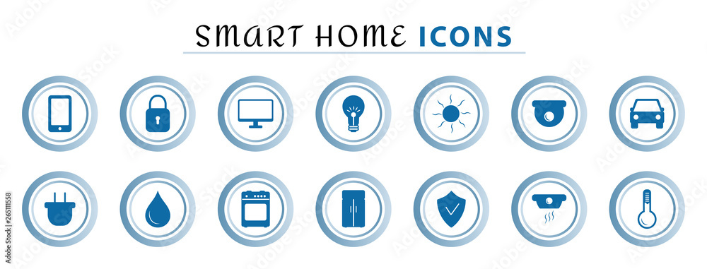 Set of smart home line icons, wireless temperature and light control, air conditioning, security. Internet of things for home appliances. Smart house automation system technology. Flat illustration Set of smart home line icons, wireless temperature and light control, air conditioning, security. Internet of things for home appliances. Smart house automation system technology. Flat illustration