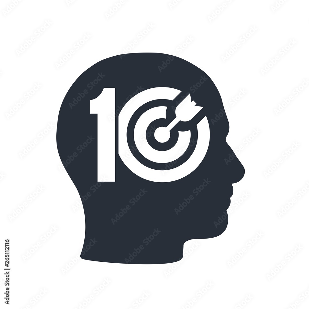 Human head, hitting the target. Ten. Best solution. Vector icon. Human head, hitting the target. Ten. Best solution. Vector icon.
