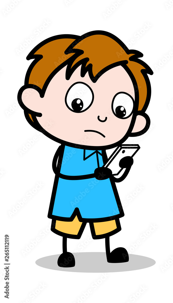 Using Smartphone - School Boy Cartoon Character Vector Illustration