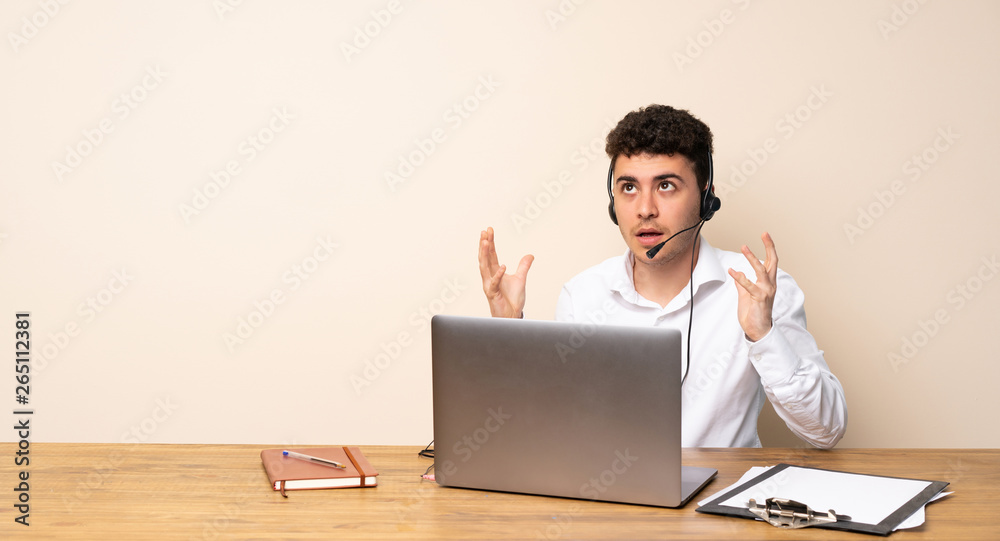 Telemarketer man frustrated by a bad situation Telemarketer man frustrated by a bad situation