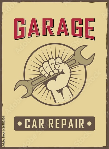 Advertising service and car repairs. Color illustration in vintage style