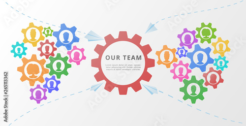 Teamwork concept with gears or cogwheels. Flat banner or poster design for corporate training, business meeting, team work, management, brainstorming, crowdsourcing and relationship. Copy space.