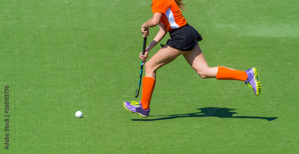 Obraz premium Young hockey player woman with ball in attack playing field hockey game
