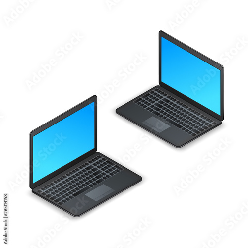 Black realistic isometric laptop with blank screen isolated on white background. 3d computer laptop mockup design element for web banner or poster. Flat vector illustration.