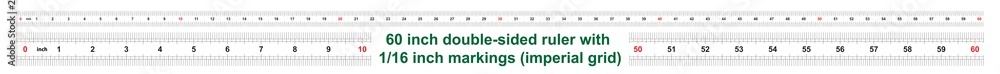 60 inch double-sided ruler. Marking accuracy is one sixteenth of an inch. Imperial grid. 60 inch double-sided ruler. Marking accuracy is one sixteenth of an inch. Imperial grid.